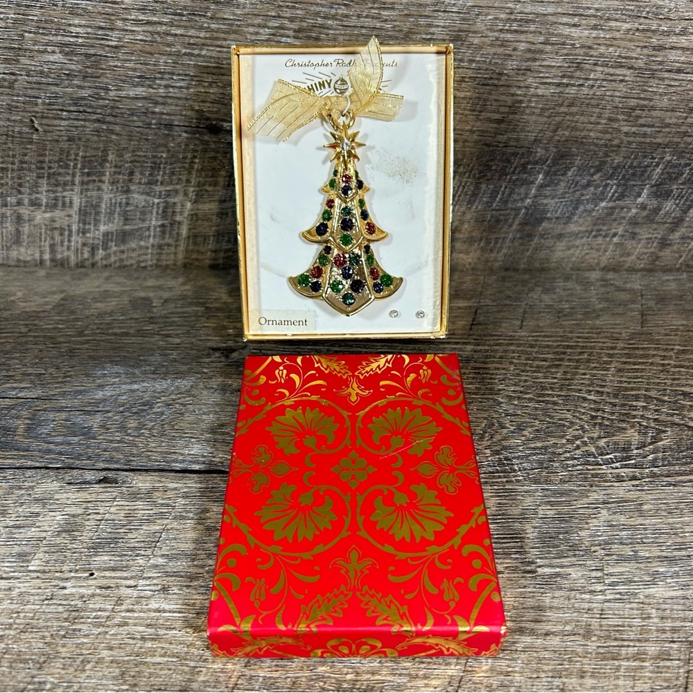 Christopher Radko Shiny Brite Gold Tone Christmas Tree Ornament & Earrings Set